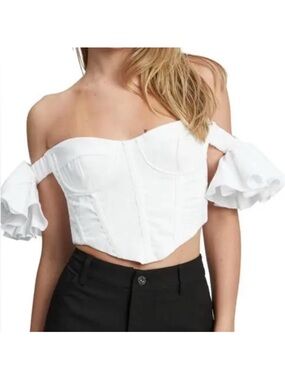 Bardot White Off-the-Shoulder Corset Crop Top with Ruffle Sleeves